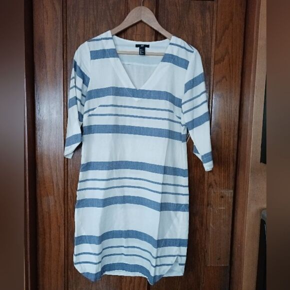 H&M Cotton Striped Beach Dress V Neck Ivory and Blue - Picture 1 of 9